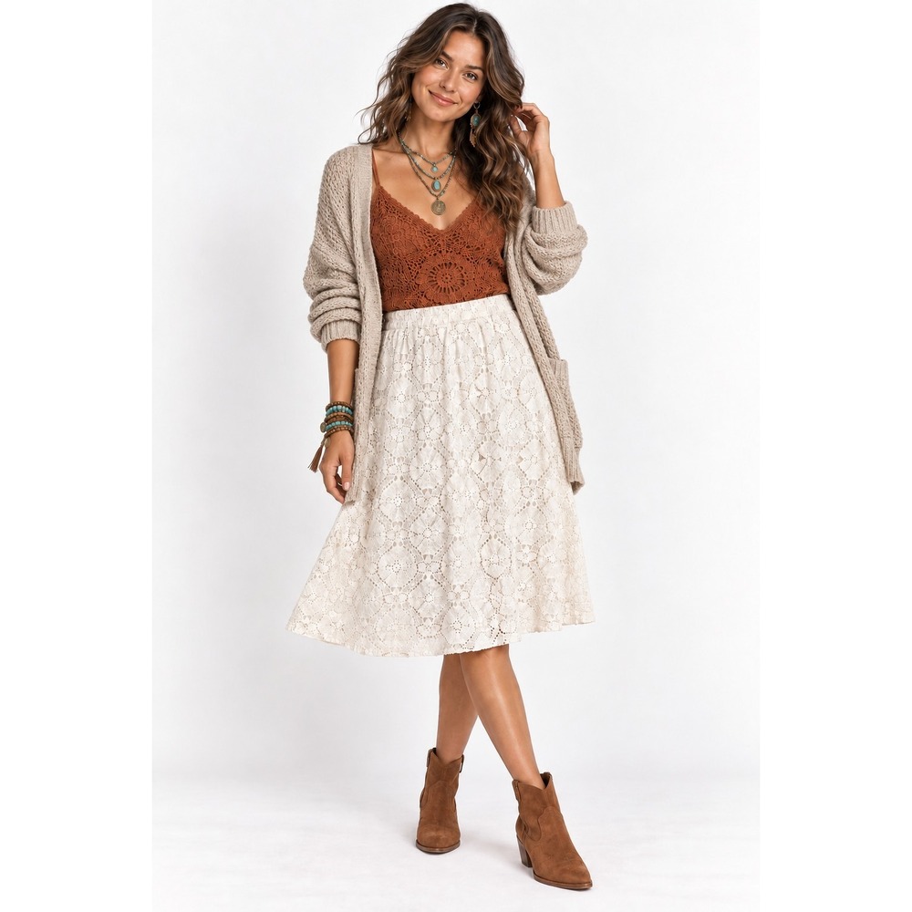 White Eyelet Lace Midi Skirt Elastic Waist Boho Cottagecore Coastal Romantic